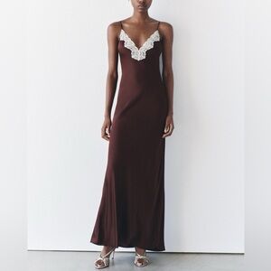 Zara viral chocolate brown maxi slip dress with lace neckline - size Large (L)